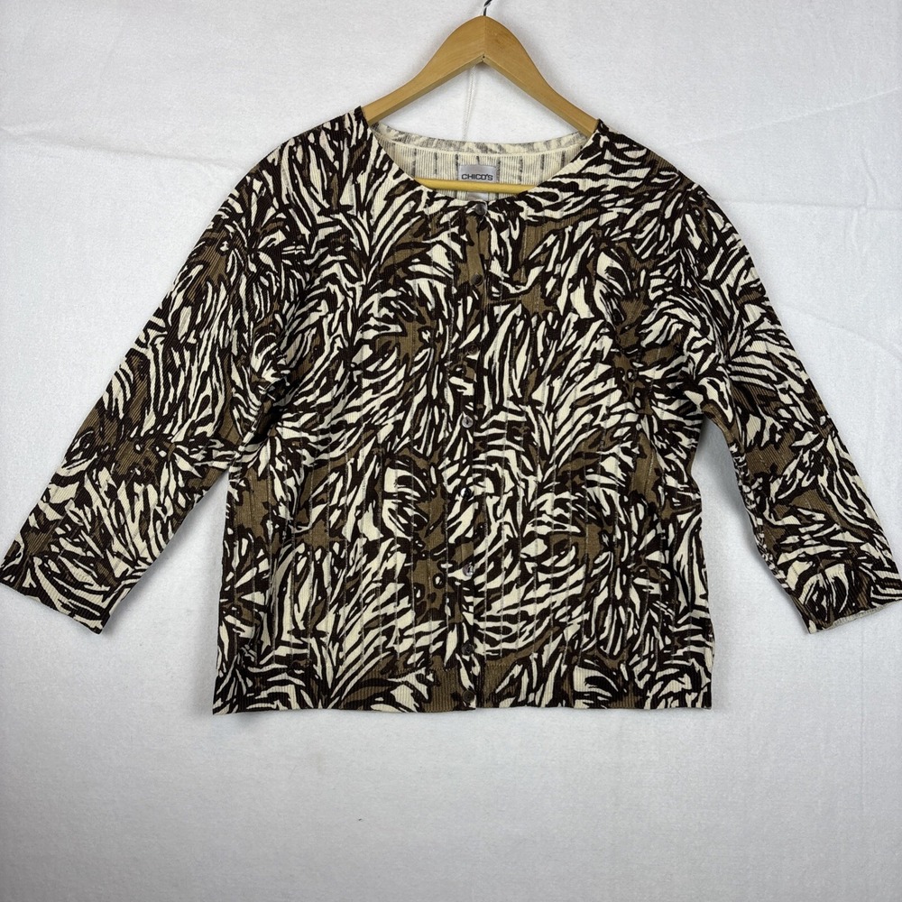 Womens Chicos Size 2 Brown Print Button Front Linen Blend Lightweight